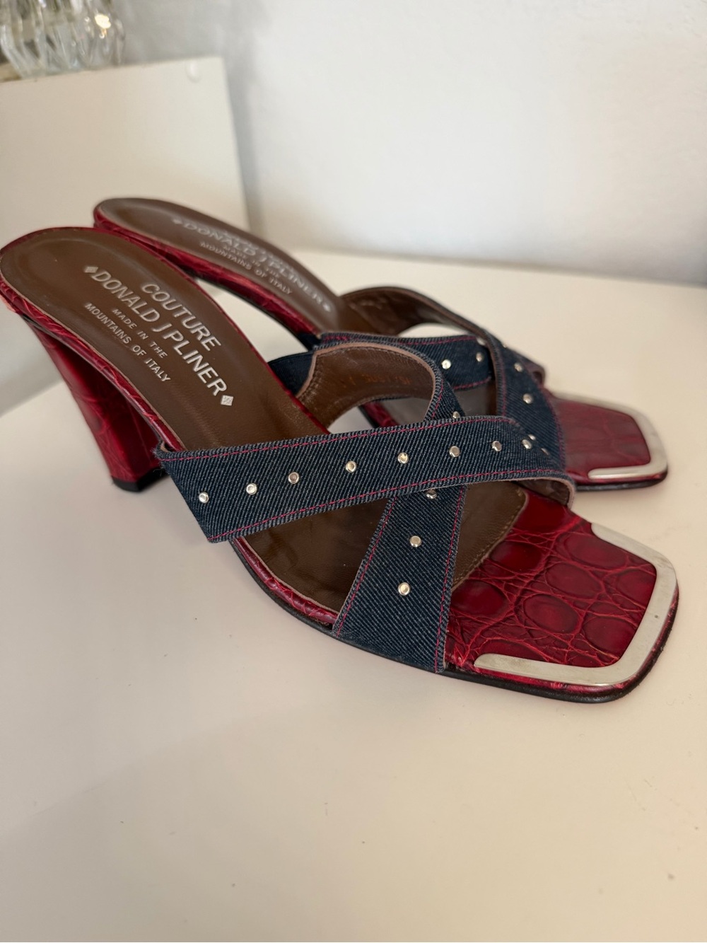 Donald J. Pliner | Red Croc-Embossed Denim Stud Mid-Heels